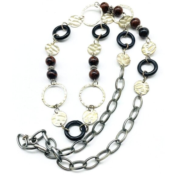 Black Brown Beaded Chain Necklace Open Link Mixed Metal Tones Hammered Classic - Picture 2 of 6